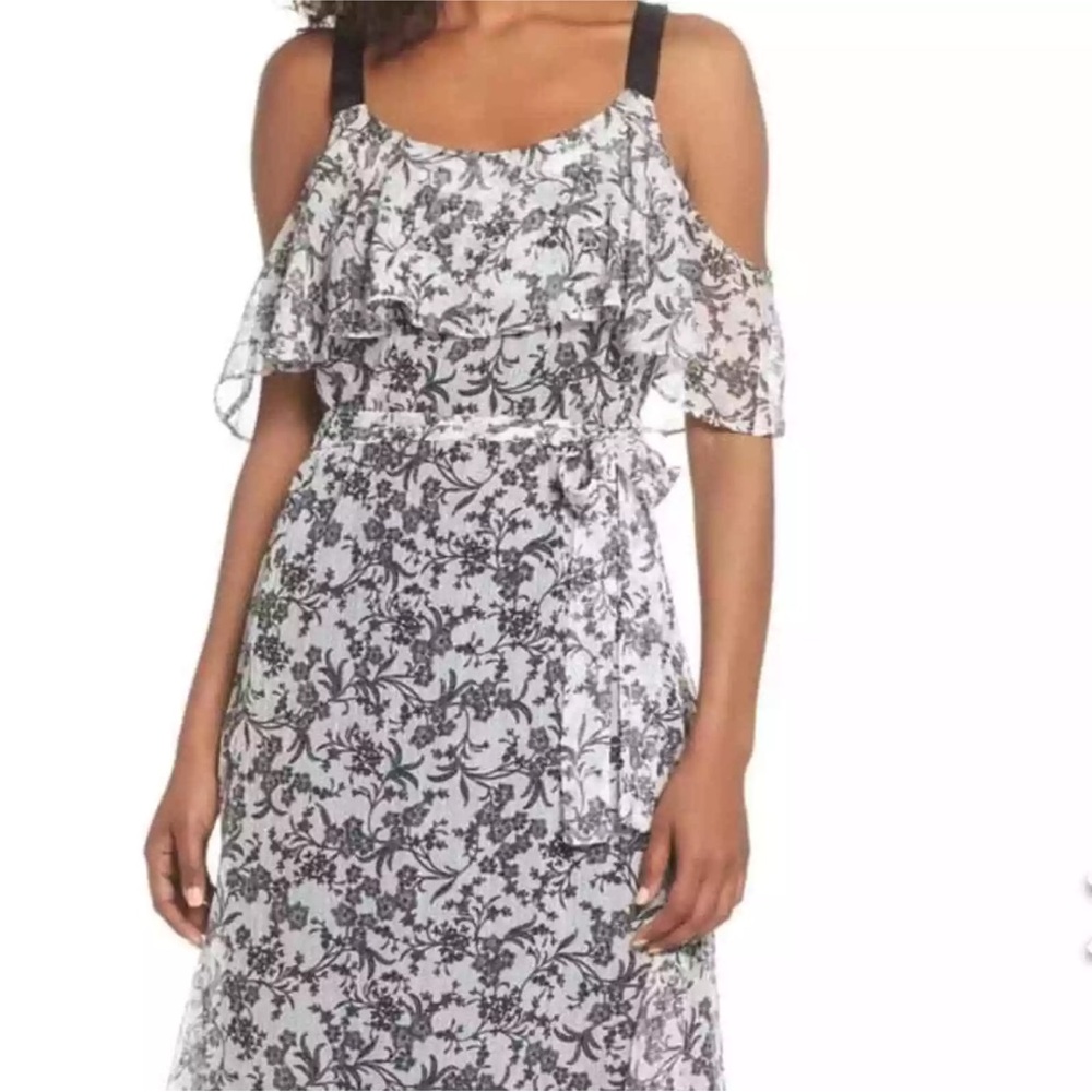 Anthropologie Lenon Cold Shoulder Chiffon Dress Medium Black White Floral Summer